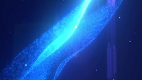 Futuristic glowing blue wave of particles against a dark background Illustrazione stock