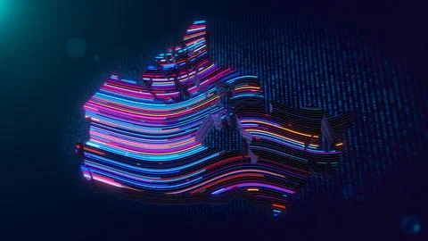 Futuristic Glowing Canada Map with Wavy Neon Lines and 3D Extrusion Stock Illustration