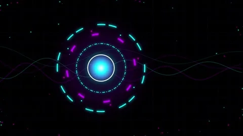 Futuristic glowing circular interface with neon lines and wave patterns Stockbeeldmateriaal 348127967