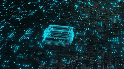 Futuristic glowing CPU processor blue light on Motherboard Circuit board 3D r Stock Footage 160053405