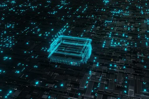 Futuristic glowing CPU processor blue light on Motherboard Circuit board 3D r Illustrazione stock