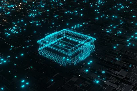Futuristic glowing CPU processor blue light on Motherboard Circuit board 3D r 스톡 일러스트