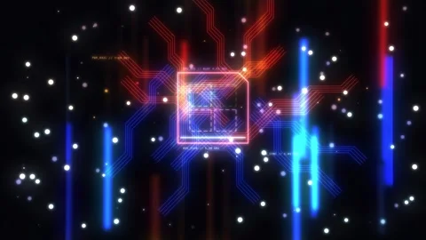 Futuristic Glowing CPU Processor Microchip HUD and Circuit Particles 動画素材 347777249