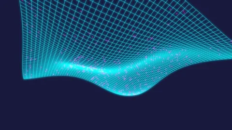 Futuristic Glowing Cyan Wireframe Mesh Wave with Particles Stock Footage 340371095