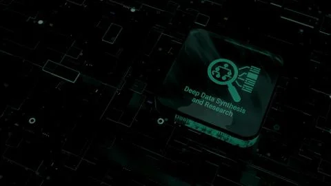 Futuristic Glowing Deep Data Synthesis Research Button with AI Magnifying G.. Stock Photos