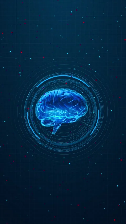 Futuristic glowing digital brain surrounded circular HUD interface dark grid Stock Footage 333793050