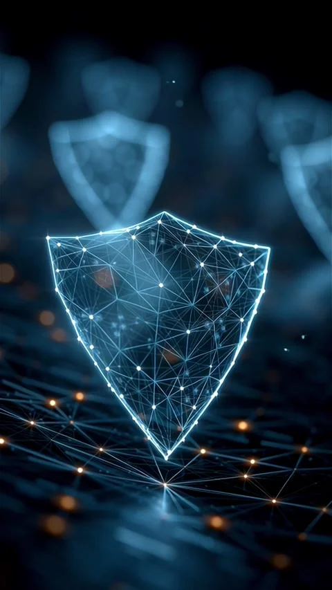 Futuristic glowing digital shields floating in a cyber environment representing Stock Footage 313169122