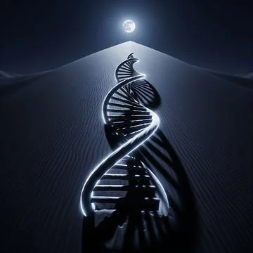 Futuristic glowing DNA pattern carved into desert dunes at night, surreal sc Stock Illustration