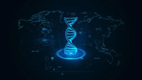 Futuristic Glowing DNA Strand on World Map Background in Blue Hue Stock Illustration