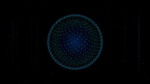 Futuristic Glowing Dot Sphere Network with Vertical Light Trails Loop Video stock 342300378