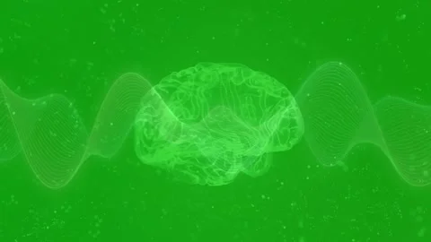 Futuristic glowing green wireframe human brain with audio sound wave animation f Stock Footage 346751195