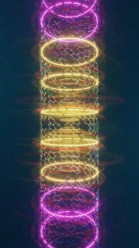 Futuristic Glowing Helix Structure with Neon Rings and Molecular Network. Illustrazione stock