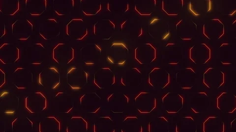 Futuristic glowing hexagon grid background with moving red and yellow neon Stock Footage 334140387