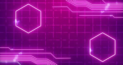 Futuristic glowing hexagons and digital circuit lines on a grid background... Stock Illustration