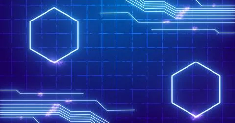 Futuristic glowing hexagons and digital circuit lines on a grid background... Stock Illustration