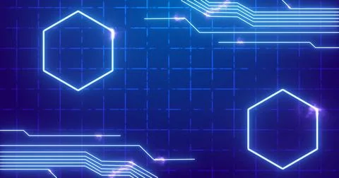 Futuristic glowing hexagons and digital circuit lines on a grid background... Stock Illustration