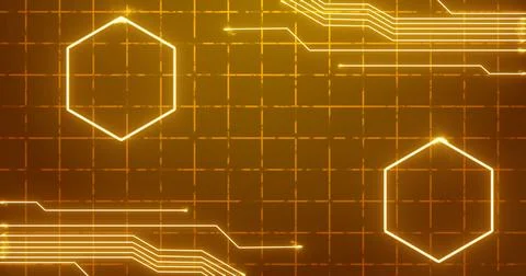 Futuristic glowing hexagons and digital circuit lines on a grid background... Stock Illustration