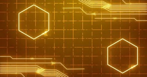 Futuristic glowing hexagons and digital circuit lines on a grid background... Stock Illustration