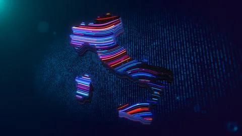 Futuristic Glowing Italy Map with Wavy Neon Lines Background Design Stock Illustration