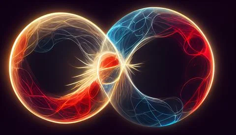 Futuristic glowing low polygonal infinity loop with atom coherence models Stock Illustration