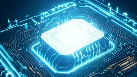 Futuristic Glowing Microchip  AI Processor on Circuit Board Stock Footage 306193649