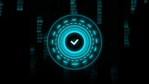 Futuristic glowing neon blue circular interface with a white checkmark symb.. Stock Footage 345045752