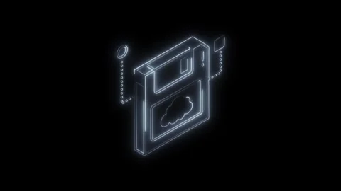 Futuristic glowing neon floppy disk icon with cloud symbol and chain links .. Stock Footage 314702728