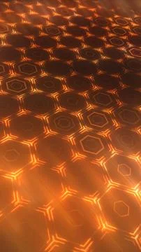 Futuristic glowing orange hexagonal grid surface with depth and perspective,  Stock Illustration