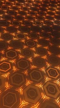 Futuristic glowing orange hexagonal grid surface with depth and perspective.. Stock Illustration