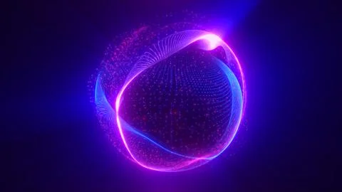 Futuristic glowing orb with bright violet and pink arcs forming a dynamic dig Stock Illustration