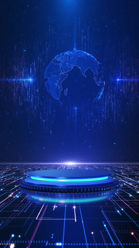 Futuristic glowing podium blue light background, stage technology design promoti Stock Footage 341902913