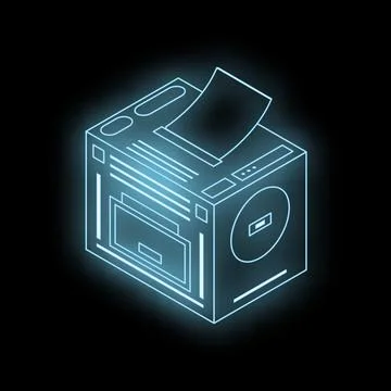 Futuristic glowing printer printing documents in dark environment Stock Illustration