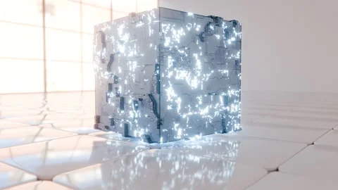 Futuristic Glowing Sci-Fi Cube Technology Background in Minimal White Room Stock Footage 327786309