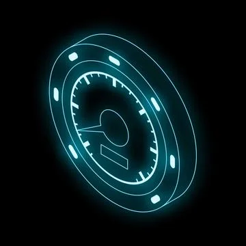 Futuristic glowing speedometer showing progress on black background Illustrazione stock