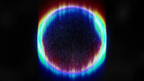 Futuristic glowing sphere with glitching neon particles and data streams Stock Footage 344801600