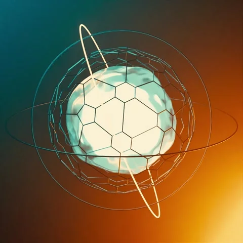 Futuristic Glowing Sphere with Hexagonal Wireframe and Orbiting Rings Stock Footage 329463543