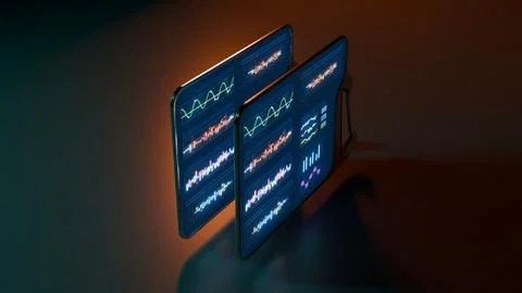 Futuristic glowing tablet screens with data visualization in dark scene 스톡 일러스트