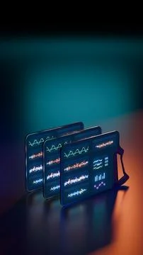 Futuristic glowing tablets in perspective with blue interface graphics Stock Illustration
