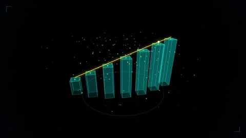 Futuristic glowing teal bar graph bars showing upward trend with yellow lin.. Stock Footage 345603693