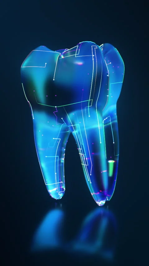 Futuristic Glowing Tooth 3D Holographic Dental Symbol Video stock 320533105