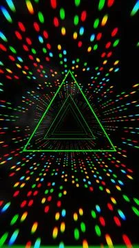 Futuristic glowing triangular tunnel with colorful dots on a dark background. Stockillustratie