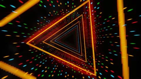 Futuristic glowing triangular tunnel with colorful dots on a dark background. Illustrazione stock