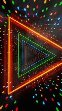 Futuristic glowing triangular tunnel with colorful dots on a dark background. Stockillustratie