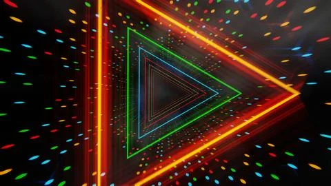 Futuristic glowing triangular tunnel with colorful dots on a dark background. Stockillustratie