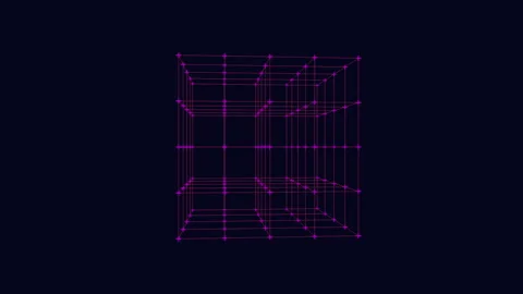 Futuristic glowing wireframe cube grid animation on dark blue background Видео 333188052