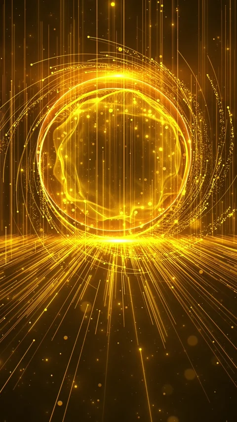 Futuristic gold data orb glowing circle, falling light lines, and bright digital Stock Footage 340477327