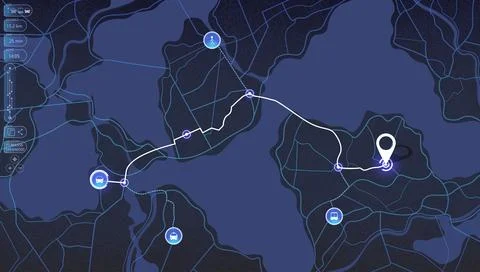 Futuristic GPS interface showing travel track, vehicle symbols, coordinates Stock Illustration