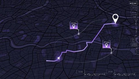 Futuristic GPS navigation interface showing city streets in dark mode Stock Illustration