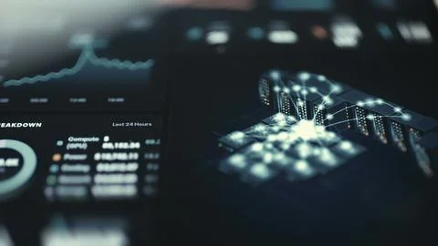Futuristic GPU Cluster Network Visualization 库存照片