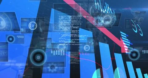Futuristic graphics overlaying digital data on abstract blue background, Stock Photos